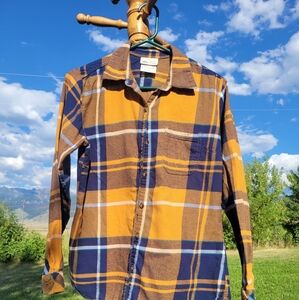 Dickies Women's Gold And Blue Plaid Flannel Shirt, Small